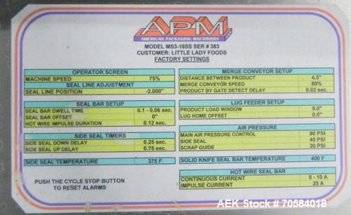 Used APM Model MS3-18SS Horizontal Shrink Wrapper capable of speeds up to 180 packages per minute.  Has a seal bar width of 18".  Machine is of stainless steel construction.  Has roller conveyor and ...