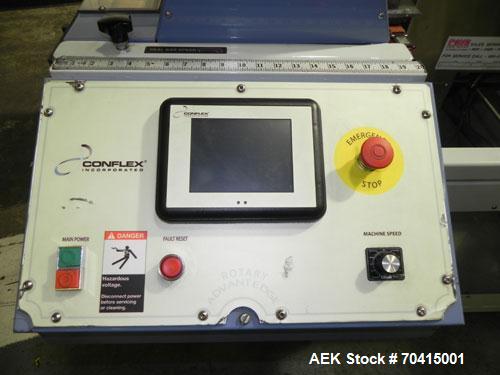 Used Conflex RSW 160 Advantedge Rotary Horizontal Side Seal Shrink Wrapper. Machine is registration capable, and can perform at speeds up to 200 packages per minute. Has a 16" wide seal jaw and a pac...