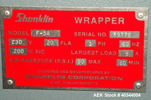 Used Shanklin Horizontal Side Seal Shrink Wrapper, Model F-5A. Capable of speeds up to 75 packages per minute and 90 linear feet per minute. Minimum Package Size: width 1/2" to 16"; length 3" to 48";...