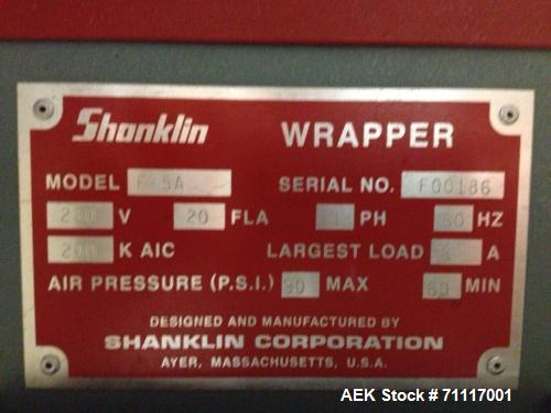 Used- Shanklin Model F-5A Horizontal Side Seal Wrapper. Rated 75 packages per minute and 90 linear feet per minute. Max pack...