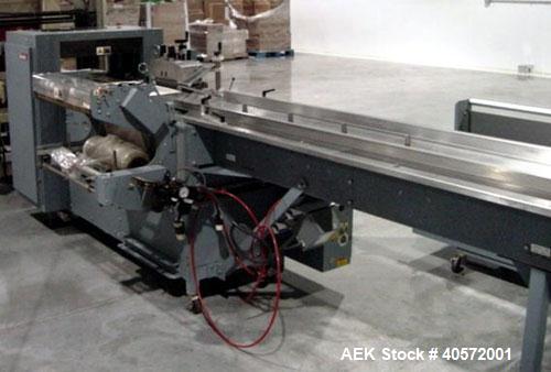 Used Shanklin F5 horizontal side seal shrink wrapper capable of speeds up to 75 packages per minute and 90 linear feet per minute. Minimum package size: width 1/2" to 16", length 3" to 48", height 1/...