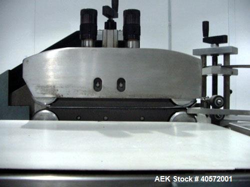 Used Shanklin F5 horizontal side seal shrink wrapper capable of speeds up to 75 packages per minute and 90 linear feet per minute. Minimum package size: width 1/2" to 16", length 3" to 48", height 1/...