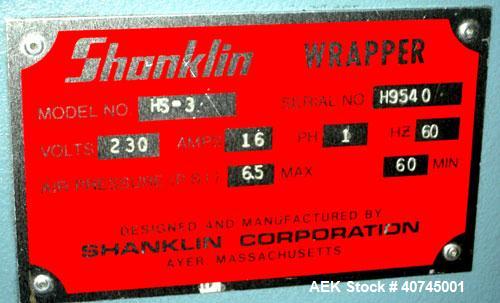 Used Shanklin HS3 High Speed Automatic Horizontal Side Seal Shrink Wrapper, Model HS-3, carbon steel. Capable of speeds from 100 to 180 packages per minute. Package size range: length 2" to 15", widt...