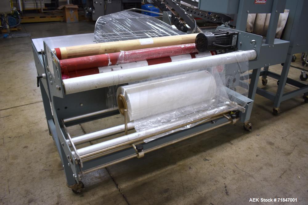 Used Shanklin Shrink Packager Model S24B with T6 Tunnel. Semi automatic inline L-Bar sealer rated from 1 to 20 packages per minute. 28" long x 23" wide load area; 33" long x 20" wide seal bar; up to ...