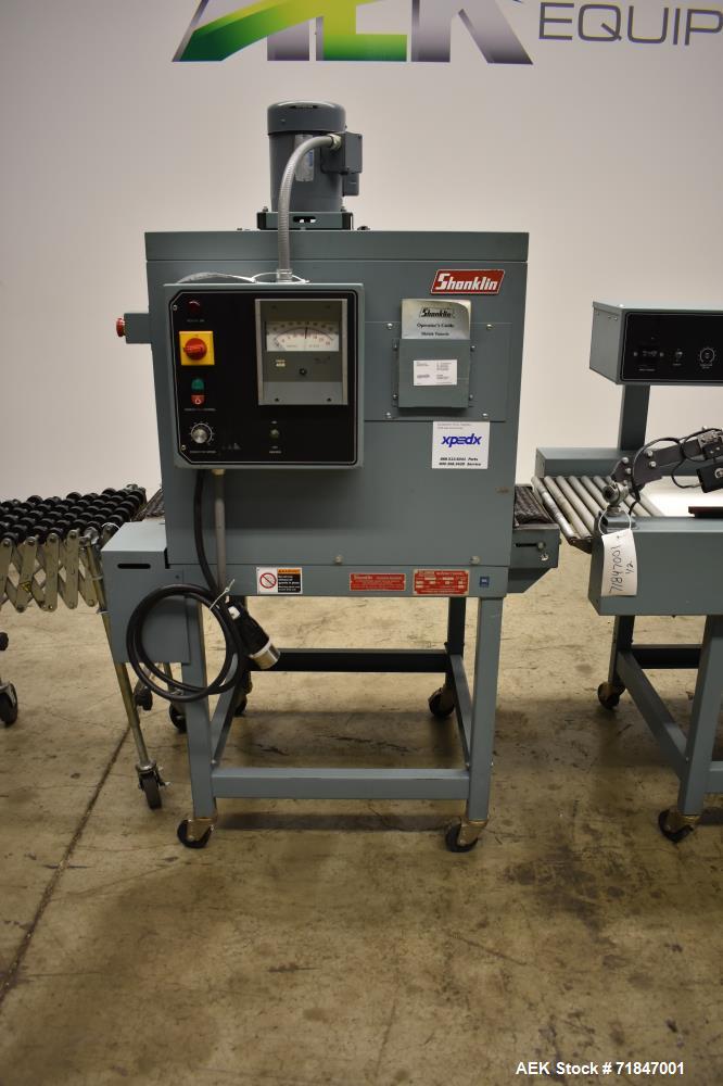 Used Shanklin Shrink Packager Model S24B with T6 Tunnel. Semi automatic inline L-Bar sealer rated from 1 to 20 packages per minute. 28" long x 23" wide load area; 33" long x 20" wide seal bar; up to ...