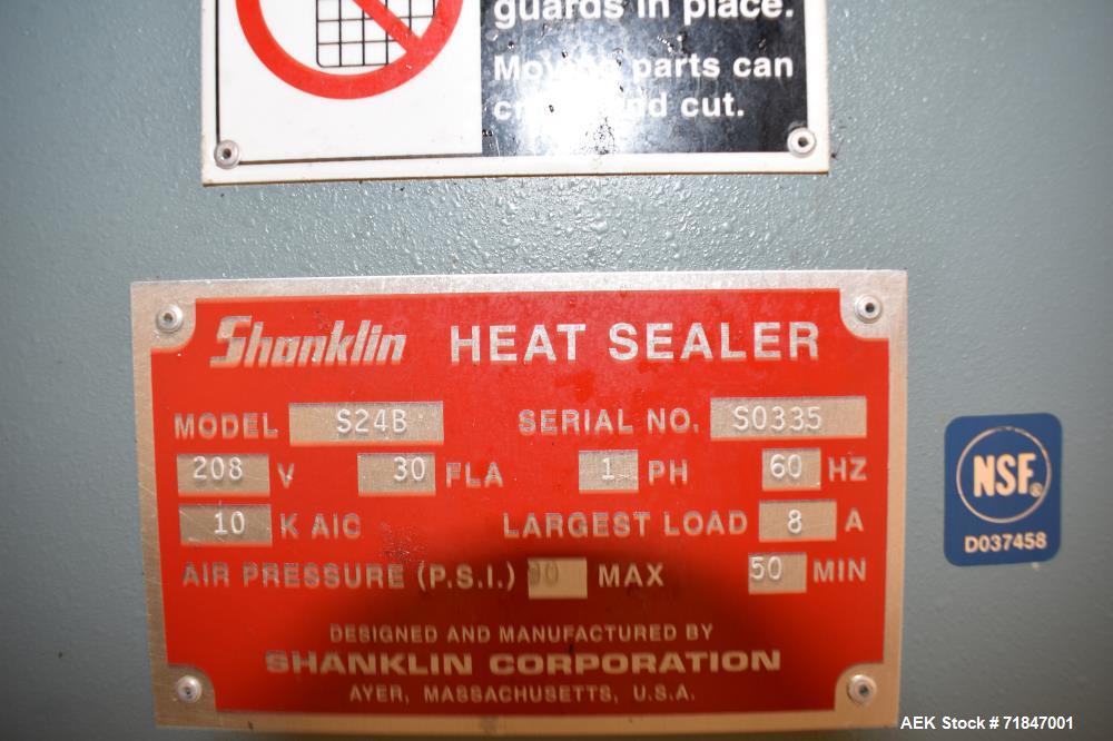 Used Shanklin Shrink Packager Model S24B with T6 Tunnel. Semi automatic inline L-Bar sealer rated from 1 to 20 packages per minute. 28" long x 23" wide load area; 33" long x 20" wide seal bar; up to ...