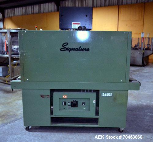 Used Signature Packaging 2412-TM Shrink Tunnel. Dual chamber shrink tunnel with twin blowers, mesh belt and variable speed 7' long x 16" wide conveyor capable of speeds from 0 - 98 FPM. Heat chamber ...