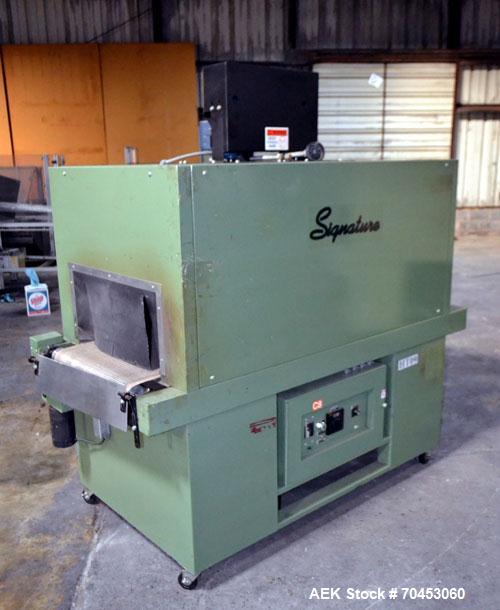 Used Signature Packaging 2412-TM Shrink Tunnel. Dual chamber shrink tunnel with twin blowers, mesh belt and variable speed 7' long x 16" wide conveyor capable of speeds from 0 - 98 FPM. Heat chamber ...