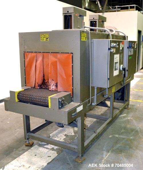 Used Arpac Shrink Tunnel, Model T-28-18-68, Carbon Steel. Approximate 20’’ wide x 118’’ long plastic mesh belt, driven by a 1/4hp, 3/60/230/460 volt, 1725 rpm gear motor. Tunnel opening 28’’ wide x 1...