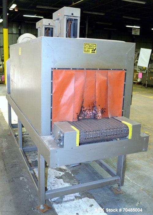 Used Arpac Shrink Tunnel, Model T-28-18-68, Carbon Steel. Approximate 20’’ wide x 118’’ long plastic mesh belt, driven by a 1/4hp, 3/60/230/460 volt, 1725 rpm gear motor. Tunnel opening 28’’ wide x 1...