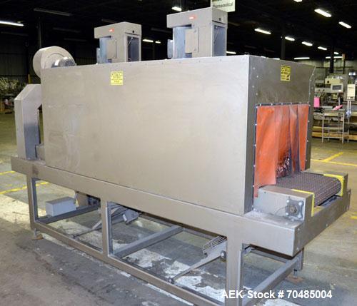 Used Arpac Shrink Tunnel, Model T-28-18-68, Carbon Steel. Approximate 20’’ wide x 118’’ long plastic mesh belt, driven by a 1/4hp, 3/60/230/460 volt, 1725 rpm gear motor. Tunnel opening 28’’ wide x 1...