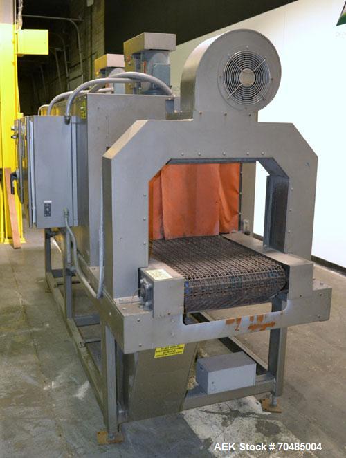 Used Arpac Shrink Tunnel, Model T-28-18-68, Carbon Steel. Approximate 20’’ wide x 118’’ long plastic mesh belt, driven by a 1/4hp, 3/60/230/460 volt, 1725 rpm gear motor. Tunnel opening 28’’ wide x 1...