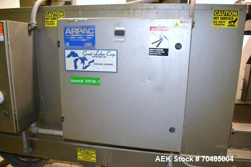 Used Arpac Shrink Tunnel, Model T-28-18-68, Carbon Steel. Approximate 20’’ wide x 118’’ long plastic mesh belt, driven by a 1/4hp, 3/60/230/460 volt, 1725 rpm gear motor. Tunnel opening 28’’ wide x 1...