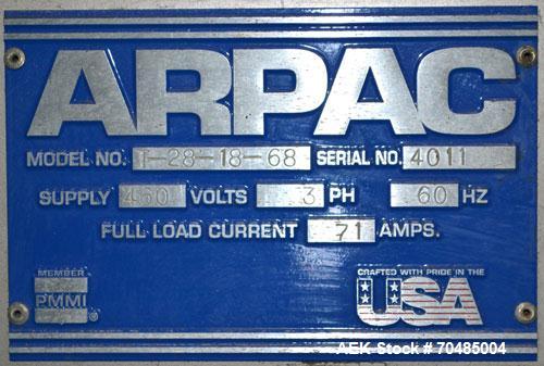 Used Arpac Shrink Tunnel, Model T-28-18-68, Carbon Steel. Approximate 20’’ wide x 118’’ long plastic mesh belt, driven by a 1/4hp, 3/60/230/460 volt, 1725 rpm gear motor. Tunnel opening 28’’ wide x 1...