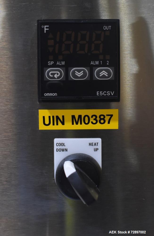 Used Axon EZ-36-SRB5 Heat Shrink Tunnel. Tunnel opening 7.5" wide x 6.75" high x 36" long. Omron temperature controller. Serial# G-0802203. Built date 5/2008. 1/60/220 Volt.