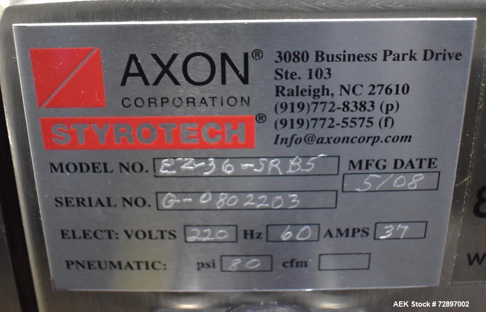 Used Axon EZ-36-SRB5 Heat Shrink Tunnel. Tunnel opening 7.5" wide x 6.75" high x 36" long. Omron temperature controller. Serial# G-0802203. Built date 5/2008. 1/60/220 Volt.