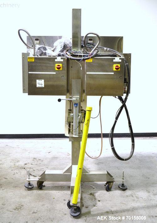 Used Axon Dual Zone Sleeve Label Electric Heat Tunnel, Model EZ-48-SRB. Stainless Steel construction. Over conveyor mounting.  Has chamber inside dimensions  7-1/2 Width, x 8-1/2 height x 48-1/2 leng...
