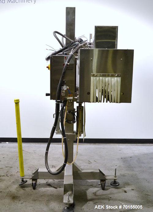 Used Axon Dual Zone Sleeve Label Electric Heat Tunnel, Model EZ-48-SRB. Stainless Steel construction. Over conveyor mounting.  Has chamber inside dimensions  7-1/2 Width, x 8-1/2 height x 48-1/2 leng...