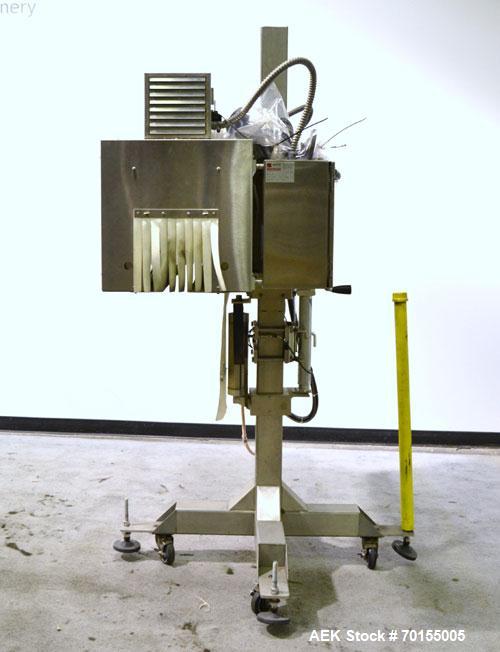 Used Axon Dual Zone Sleeve Label Electric Heat Tunnel, Model EZ-48-SRB. Stainless Steel construction. Over conveyor mounting.  Has chamber inside dimensions  7-1/2 Width, x 8-1/2 height x 48-1/2 leng...