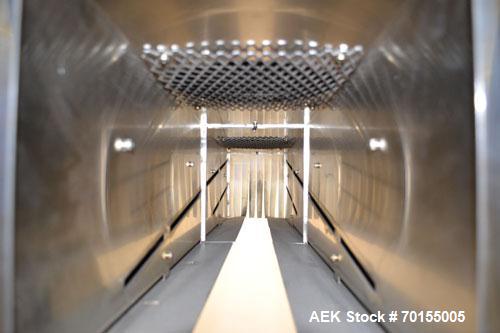 Used Axon Dual Zone Sleeve Label Electric Heat Tunnel, Model EZ-48-SRB. Stainless Steel construction. Over conveyor mounting.  Has chamber inside dimensions  7-1/2 Width, x 8-1/2 height x 48-1/2 leng...