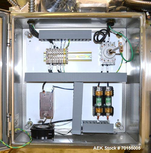 Used Axon Dual Zone Sleeve Label Electric Heat Tunnel, Model EZ-48-SRB. Stainless Steel construction. Over conveyor mounting.  Has chamber inside dimensions  7-1/2 Width, x 8-1/2 height x 48-1/2 leng...