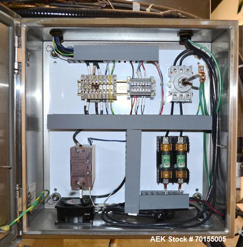 Used Axon Dual Zone Sleeve Label Electric Heat Tunnel, Model EZ-48-SRB. Stainless Steel construction. Over conveyor mounting.  Has chamber inside dimensions  7-1/2 Width, x 8-1/2 height x 48-1/2 leng...