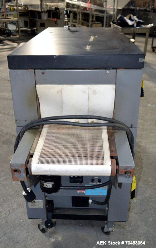 Used Besler Model T-15-9-3PH-D Mesh Belt Shrink Tunnel. Machine is capable of speeds up to 198 feet per minute. Has 9" high x 15" wide x 52" long shrink tunnel chamber, mesh belt 3/60/220V and mounte...