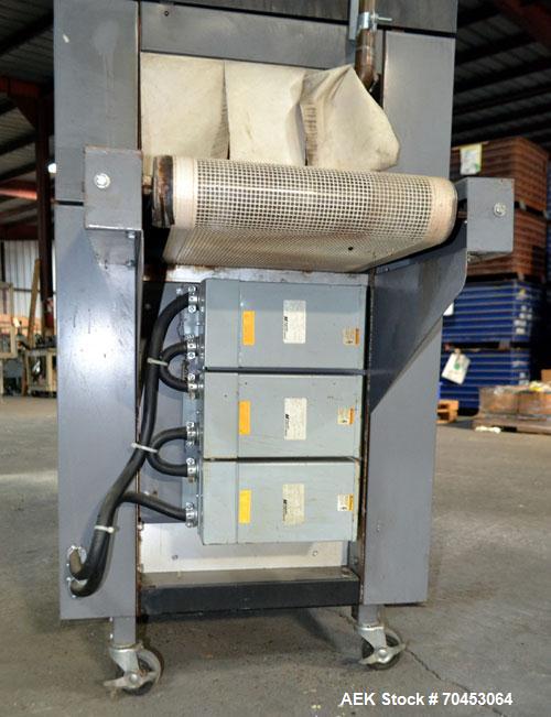 Used Besler Model T-15-9-3PH-D Mesh Belt Shrink Tunnel. Machine is capable of speeds up to 198 feet per minute. Has 9" high x 15" wide x 52" long shrink tunnel chamber, mesh belt 3/60/220V and mounte...