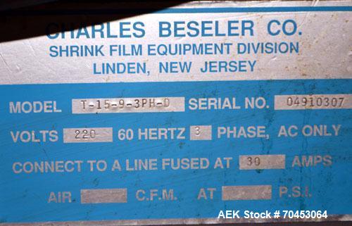 Used Besler Model T-15-9-3PH-D Mesh Belt Shrink Tunnel. Machine is capable of speeds up to 198 feet per minute. Has 9" high x 15" wide x 52" long shrink tunnel chamber, mesh belt 3/60/220V and mounte...