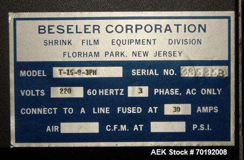 Used Besler Model T-15-9-3PH Mesh Belt Shrink Tunnel