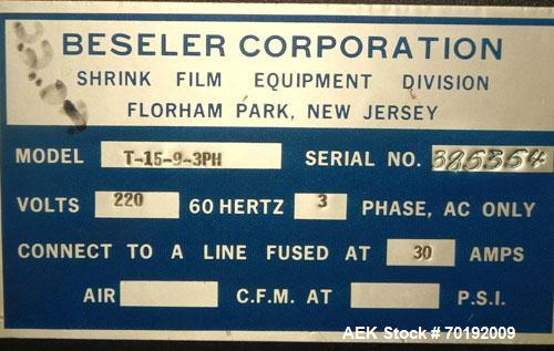 Used Besler Model T-15-9-3PH Mesh Belt Shrink Tunnel. Machine is capable of speeds up to 198 feet per minute. Has 9" high x 15" wide x 52" long shrink tunnel chamber, mesh belt 3/60/220V and mounted ...