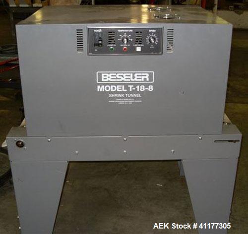 Used Beseler Shrink Tunnel, Model T-18-8-M, Carbon Steel. Tunnel measures 18’’ wide x 8’’ tall x 36’’ long. Mesh belt approximately 18’’ wide x 44’’ long, approximate conveyor speed 0 to 75 feet per ...