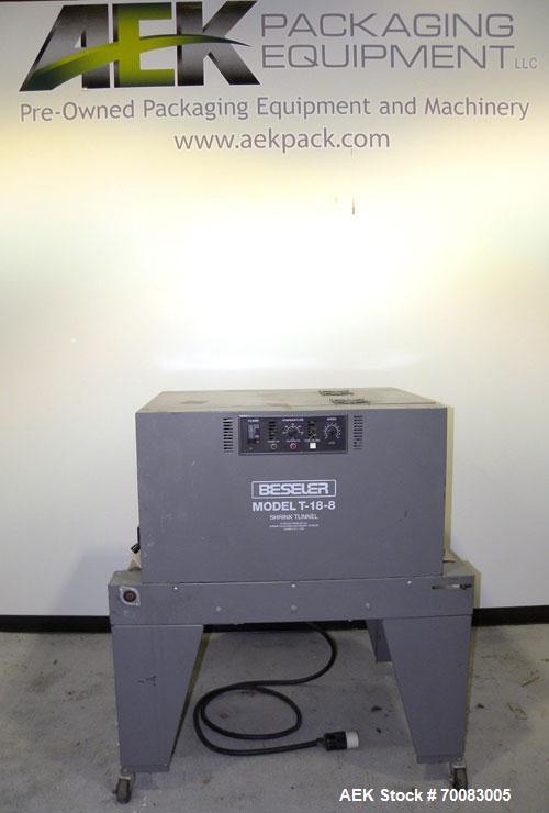 Used Beseler Shrink Tunnel, Model T-18-8M, Carbon Steel. Capable of 30-40 packages per minute, 0 to 120 feet per minute conveyor speed. Maximum product size 17’’ wide x 7’’ high. Tunnel opening measu...