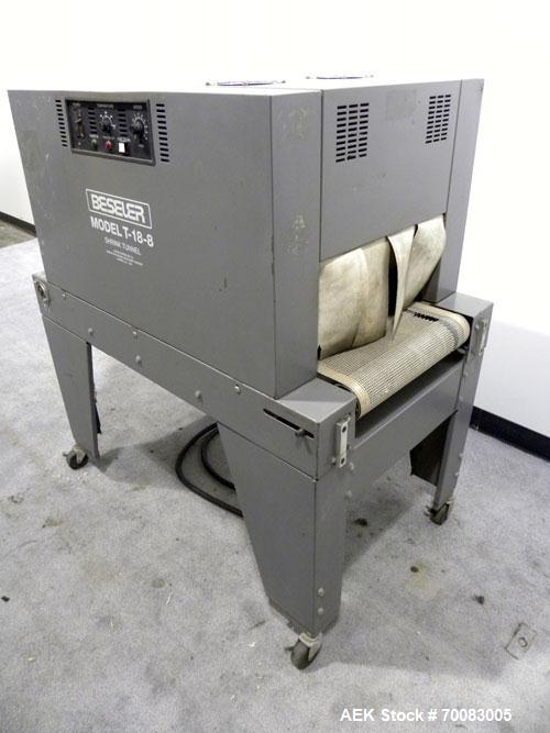 Used Beseler Shrink Tunnel, Model T-18-8M, Carbon Steel. Capable of 30-40 packages per minute, 0 to 120 feet per minute conveyor speed. Maximum product size 17’’ wide x 7’’ high. Tunnel opening measu...