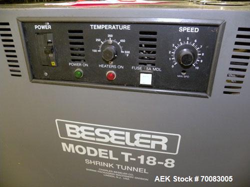 Used Beseler Shrink Tunnel, Model T-18-8M, Carbon Steel. Capable of 30-40 packages per minute, 0 to 120 feet per minute conveyor speed. Maximum product size 17’’ wide x 7’’ high. Tunnel opening measu...