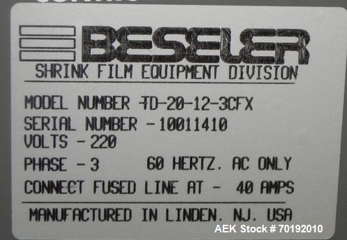 Used Beseler Model T-20-12-3CFX Mesh Belt Shrink Tunnel. Machine capable of speeds up to 150 feet per minute. Has 12" high x 20" wide x 52" long shrink tunnel chamber, mesh belt 3/60/220V and mounted...