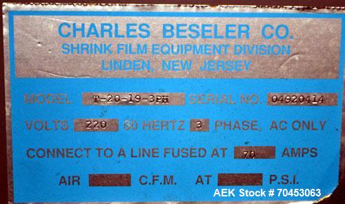 Used Besler Model T-20-19-3PH Mesh Belt Shrink Tunnel. Machine is capable of speeds up to 198 feet per minute. Has 9" high x 20" wide x 52" long shrink tunnel chamber, mesh belt 3/60/220V. SELLING PR...