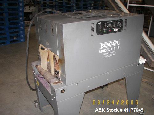 Used Beseler Shrink Tunnel, Model T-18-8, Carbon Steel. Tunnel measures 18’’ wide x 8’’ tall x 36’’ long. Mesh belt approximately 18’’ wide x 44’’ long, approximate conveyor speed 0 to 75 feet per mi...