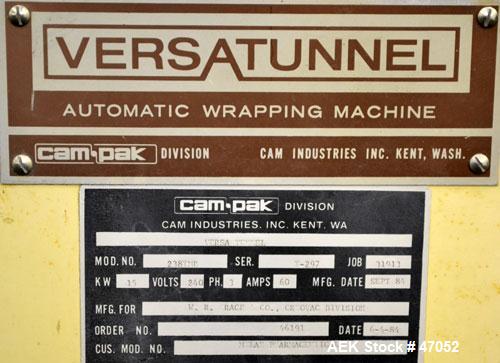 Used CAM Packaging Systems (CAMPAK) Shrink Tunnel, Model 238TMB, Carbon Steel. Opening 7" tall x 23" wide, 53" long tunnel, 20" wide x 65" long mesh belt. Driven by an approximate 1/8 hp motor. Mount...