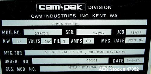 Used CAM Packaging Systems (CAMPAK) Shrink Tunnel, Model 238TMB, Carbon Steel. Opening 7" tall x 23" wide, 53" long tunnel, 20" wide x 65" long mesh belt. Driven by an approximate 1/8 hp motor. Mount...