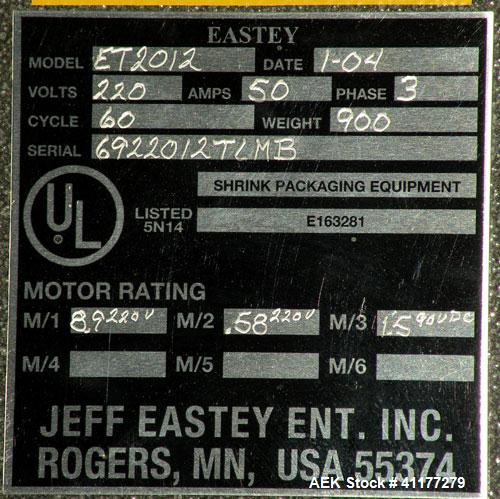 Used Eastey Enterprises Shrink Tunnel, model ET2012, carbon steel. Chamber size 20" wide x 12" high x 52" long. Wire mesh conveyor 19’’ wide x 72" long, belt speed 100 feet per minute. Includes a Aut...