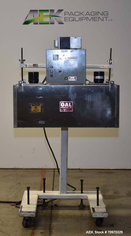 Used OAL Associates Recirculating Heat Shrink Tunnel, Model FIRO/R-6/9/36-6L. Opening measures 6"W x 9"H x 36"L. 12 kW. Mounted on a painted carbon steel frame with casters. Elec: 3/60/440V, 14.5a.