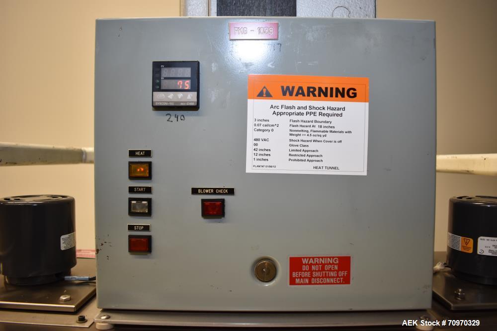 Used OAL Associates Recirculating Heat Shrink Tunnel, Model FIRO/R-6/9/36-6L. Opening measures 6"W x 9"H x 36"L. 12 kW. Mounted on a painted carbon steel frame with casters. Elec: 3/60/440V, 14.5a.