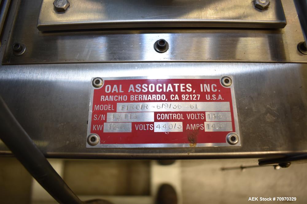 Used OAL Associates Recirculating Heat Shrink Tunnel, Model FIRO/R-6/9/36-6L. Opening measures 6"W x 9"H x 36"L. 12 kW. Mounted on a painted carbon steel frame with casters. Elec: 3/60/440V, 14.5a.