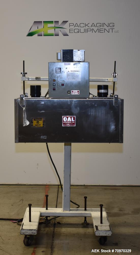 Used OAL Associates Recirculating Heat Shrink Tunnel, Model FIRO/R-6/9/36-6L. Opening measures 6"W x 9"H x 36"L. 12 kW. Mounted on a painted carbon steel frame with casters. Elec: 3/60/440V, 14.5a.