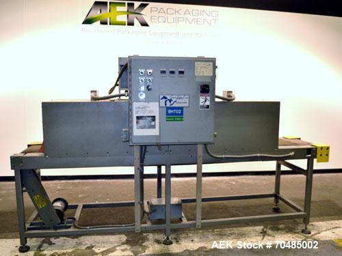 Used Great Lakes Shrink Tunnel, Model HVD-12-22-90-HP, Carbon Steel. Approximate 19’’ wide x 122’’ long solid belt, driven by a 1/2hp, 90 volt DC gear motor. Tunnel opening 25’’ wide x 17’’ tall x 90...