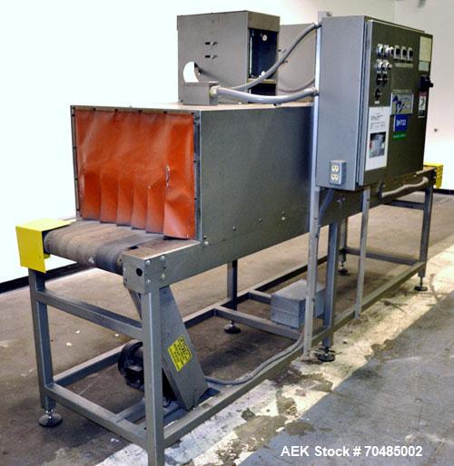 Used Great Lakes Shrink Tunnel, Model HVD-12-22-90-HP, Carbon Steel. Approximate 19’’ wide x 122’’ long solid belt, driven by a 1/2hp, 90 volt DC gear motor. Tunnel opening 25’’ wide x 17’’ tall x 90...