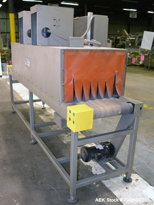 Used Great Lakes Shrink Tunnel, Model HVD-12-22-90-HP, Carbon Steel. Approximate 19’’ wide x 122’’ long solid belt, driven by a 1/2hp, 90 volt DC gear motor. Tunnel opening 25’’ wide x 17’’ tall x 90...