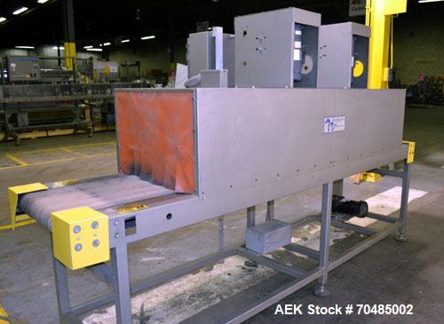 Used Great Lakes Shrink Tunnel, Model HVD-12-22-90-HP, Carbon Steel. Approximate 19’’ wide x 122’’ long solid belt, driven by a 1/2hp, 90 volt DC gear motor. Tunnel opening 25’’ wide x 17’’ tall x 90...