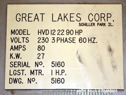 Used Great Lakes Shrink Tunnel, Model HVD-12-22-90-HP, Carbon Steel. Approximate 19’’ wide x 122’’ long solid belt, driven by a 1/2hp, 90 volt DC gear motor. Tunnel opening 25’’ wide x 17’’ tall x 90...